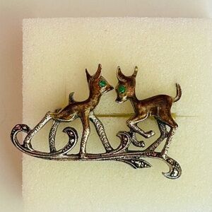 Vintage Deer Brooch with Green Rhinestone Eyes and Marcasites
